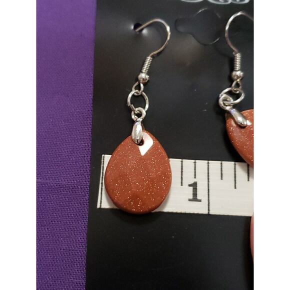 Goldstone Dangle Earrings Teardrop Shape Sparkly Reddish Brown Color Silver Tone - Picture 5 of 7